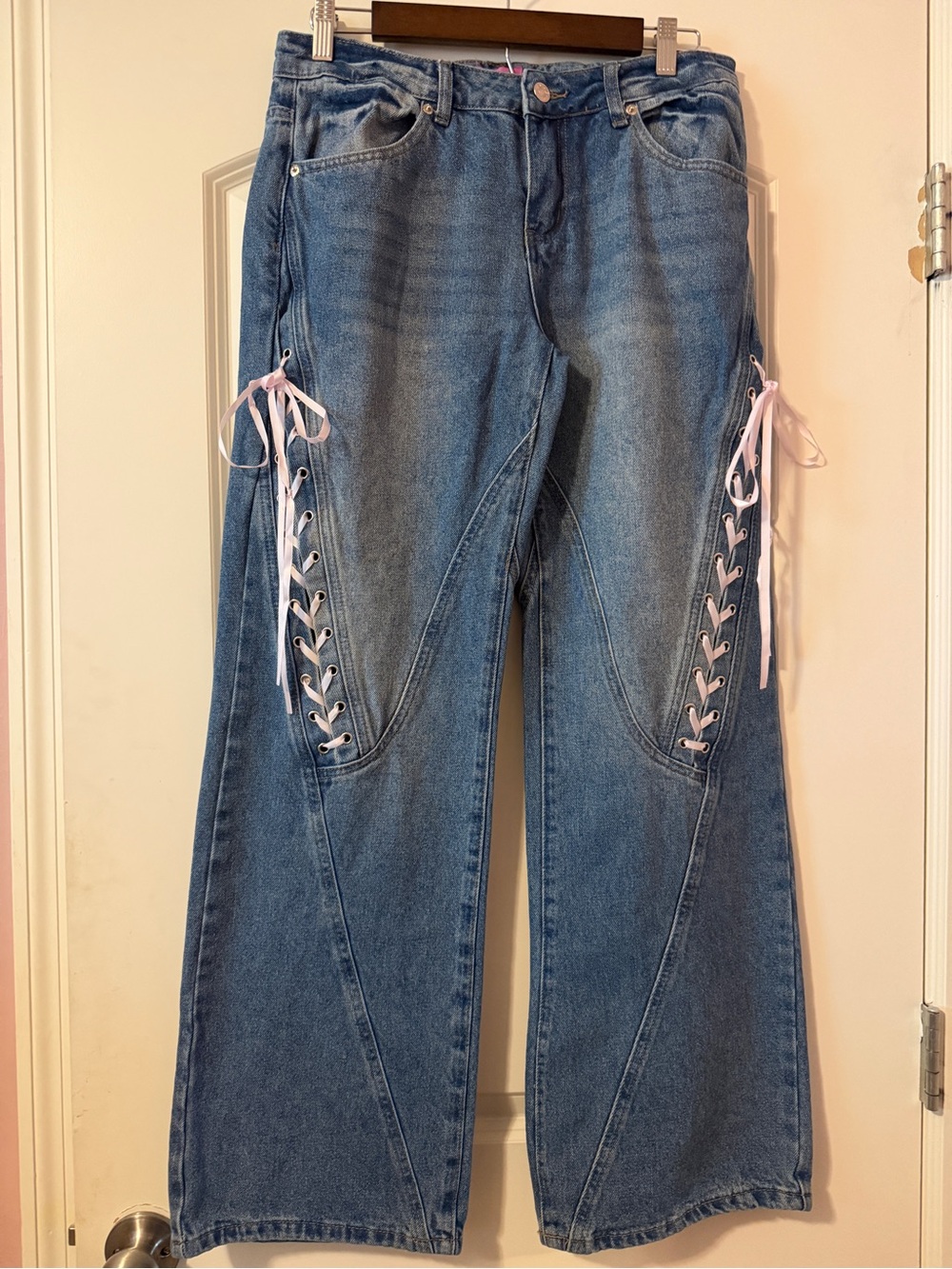 Edikted M Women’s Blue Denim Jeans with Pink Lace-Up Side Detail